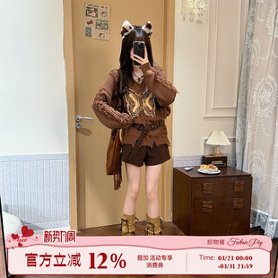 慵懒风棕咖色V领毛衣女秋冬美拉德贴布针织衫 织物猪 蝴蝶可颂