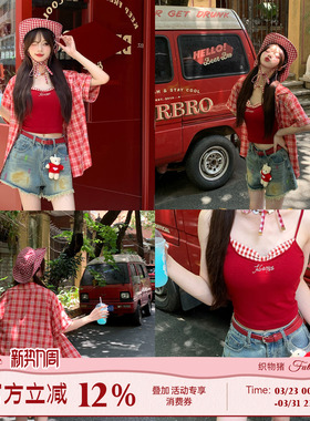 织物猪 盛夏繁星 甜美风红色宽松格纹衬衫上衣女休闲百搭短袖外套