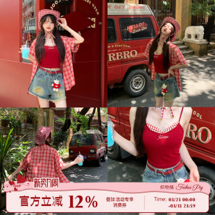 上衣女休闲百搭短袖 甜美风红色宽松格纹衬衫 外套 盛夏繁星 织物猪