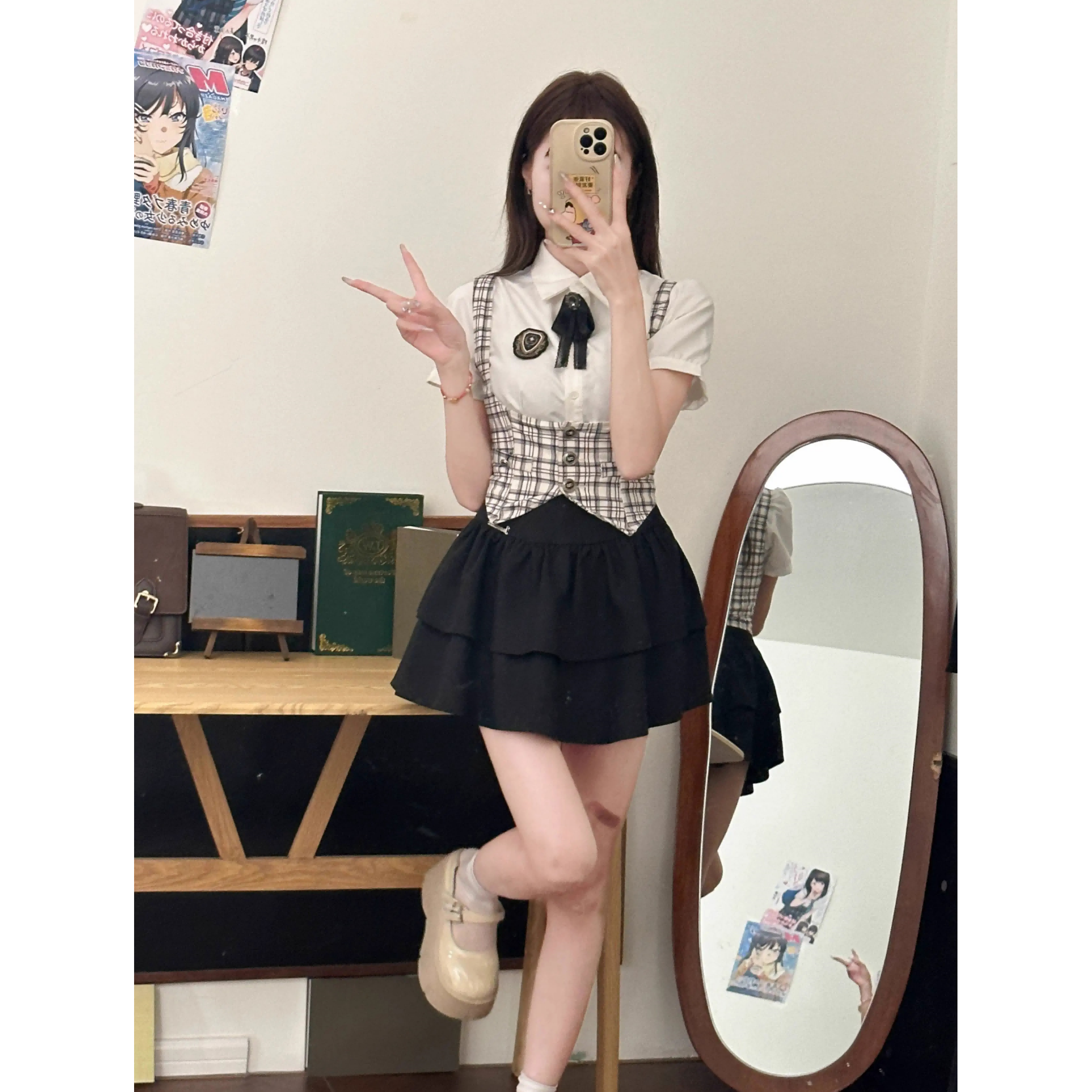 小画家 美式收腰马甲衬衫 织物猪原创 束腰显瘦蓬蓬蛋糕裙jk制服
