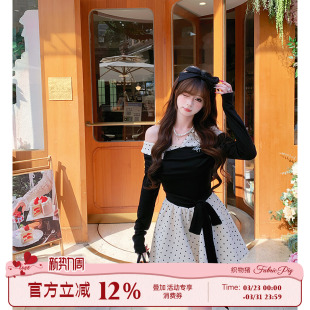 织物猪 甜美假两件波点连衣裙女春斜肩拼接撞色花苞短裙 黑白甜巧