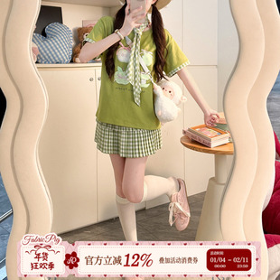 织物猪 青苹果啵 甜美风绿色印花短袖T恤女夏季圆领螺纹半袖上衣