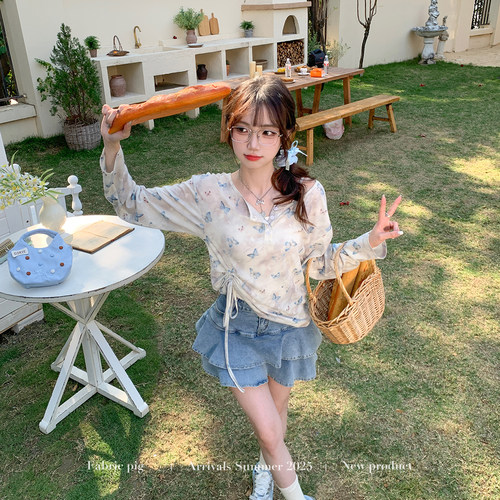 蝴蝶印花长袖T恤女夏季套装薄款