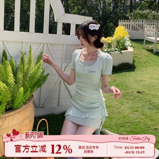 修身 织物猪 连衣裙女夏季 甜欲风针织短袖 显瘦包臀短裙子 海盐甜心