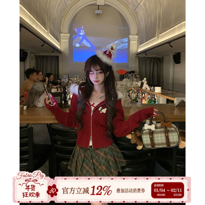 织物猪 莓果甜挞 新年穿搭红色连帽毛衣外套女冬毛领麻花针织开衫,女装/女士精品,毛针织衫,淘宝优惠券,粉丝福利购,淘宝优惠卷