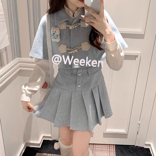 连衣裙 织物猪 蓝白月光 千金感斗篷披肩套装 女秋冬拼接假两件长袖