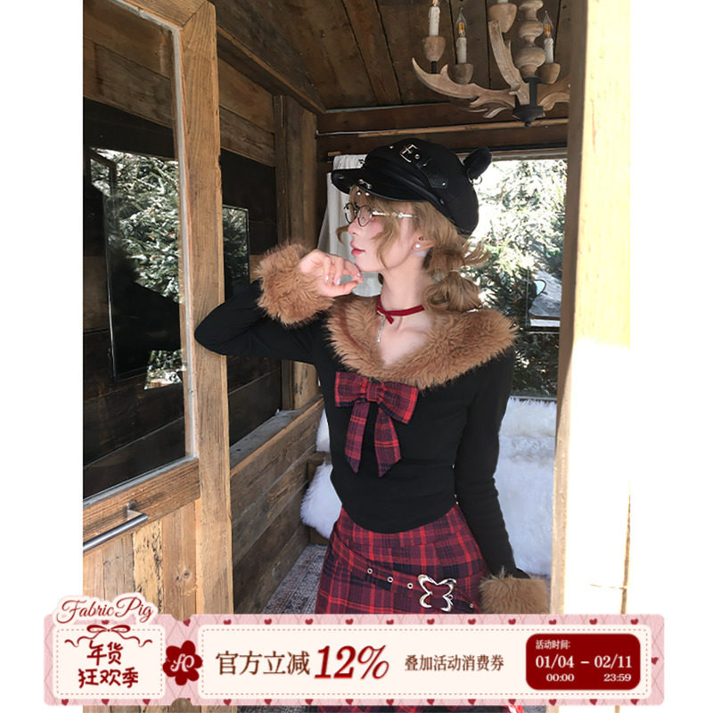织物猪 莓果丝绒 甜酷风黑红色格纹半身裙套装女冬毛领上衣两件套,女装/女士精品,时尚套装,淘宝优惠券,粉丝福利购,淘宝优惠卷