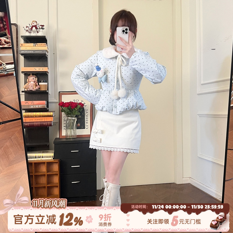 织物猪 奶泡甜心 奶蓝色波点棉服外套女小个子短款超好看甜美上衣