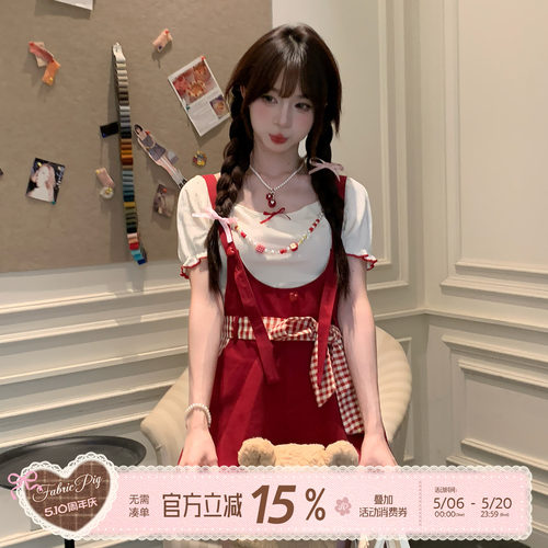 甜美少女风红色连体裤背带裤