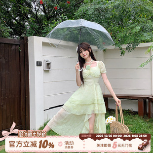 织物猪 度假风绿色不规则拖尾连衣裙女夏日绝美提花长裙 清甜夏日