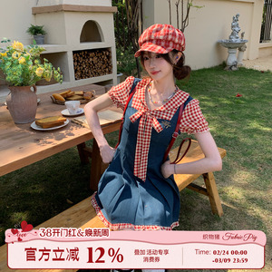 织物猪 树莓果酱 甜美风红色格子连衣裙女春泡泡袖可爱减龄短裙子