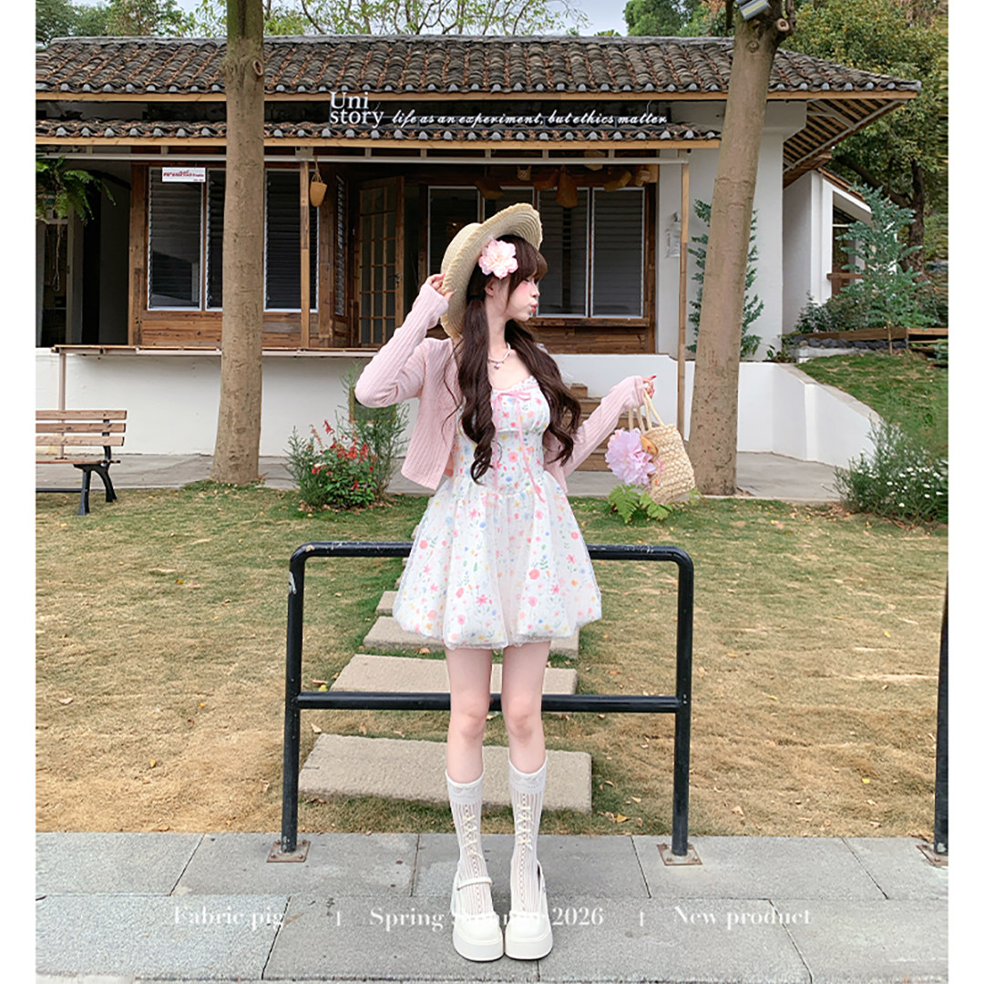 织物猪 花漾甜茶 甜美风花卉吊带连衣裙女初夏漂亮蓬蓬花苞短裙子