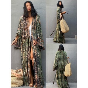 女 泳衣外搭长开衫 海边度假人棉印花宽松防晒衫 沙滩外套比基尼罩衫
