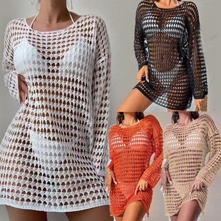 女度假比基尼泳衣外搭宽松套头沙滩罩衫 性感防晒衫 镂空针织衫 新款