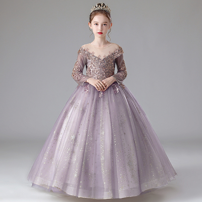 高端长袖小女孩生日走秀儿童礼服