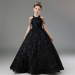 儿童晚礼服黑色高端女童钢琴主持人公主裙模特走秀小提琴演出服夏