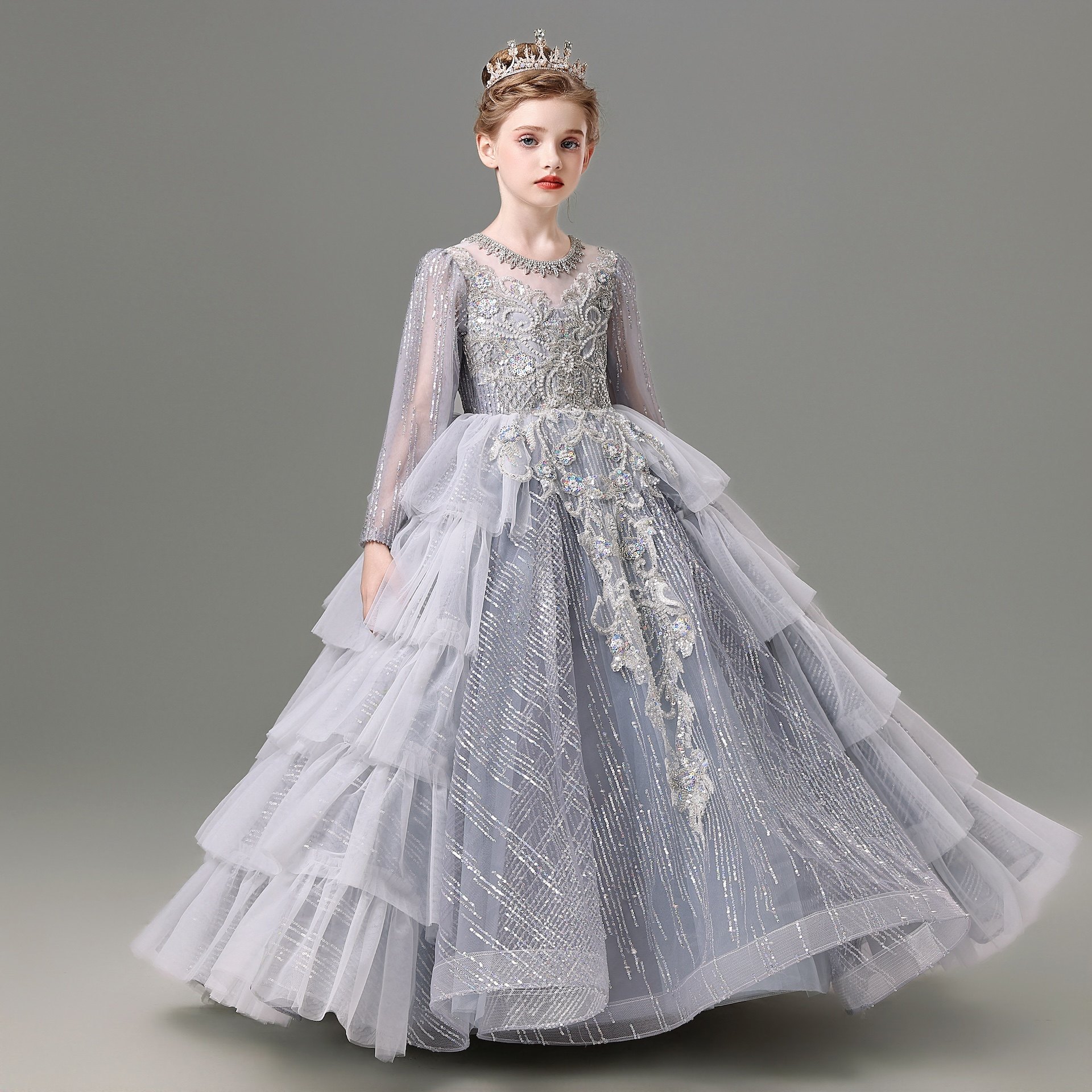 儿童礼服高端女童小主持人钢琴演出服10岁生日公主裙长袖秋冬灰色,童装/婴儿装/亲子装,儿童礼服,淘宝优惠券,粉丝福利购,淘宝优惠卷