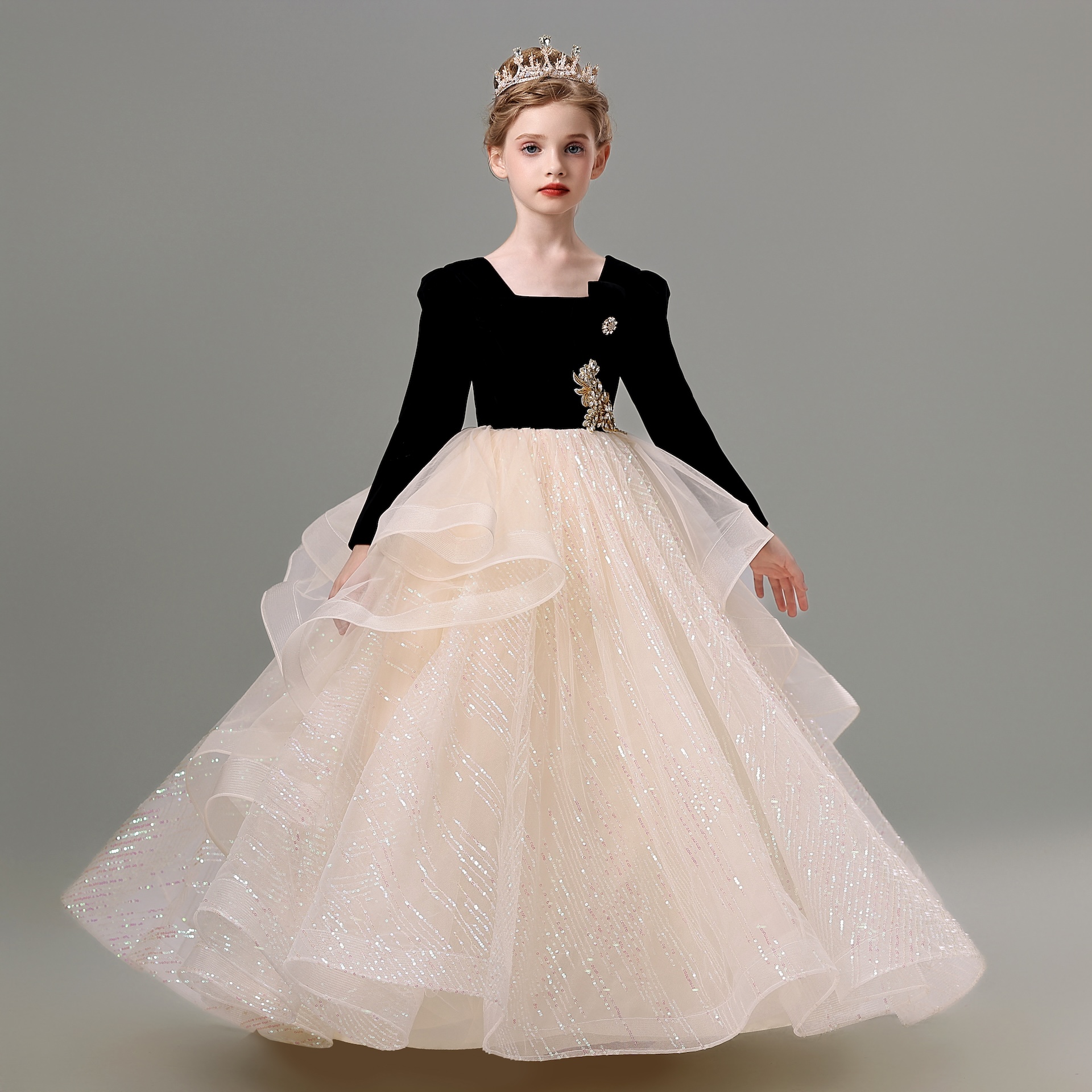 女童生日公主裙长袖小主持人礼服