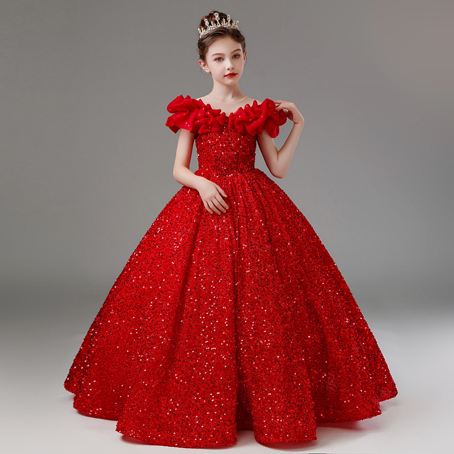 儿童礼服红色高端主持人演出服闪亮女童钢琴演出服周岁生日公主裙
