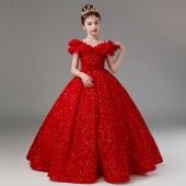 儿童礼服红色高端主持人演出服闪亮女童钢琴演出服周岁生日公主裙