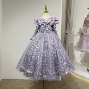 儿童礼服冬女童10岁生日紫色亮片长袖 公主裙主持人高档奢华蓬蓬裙