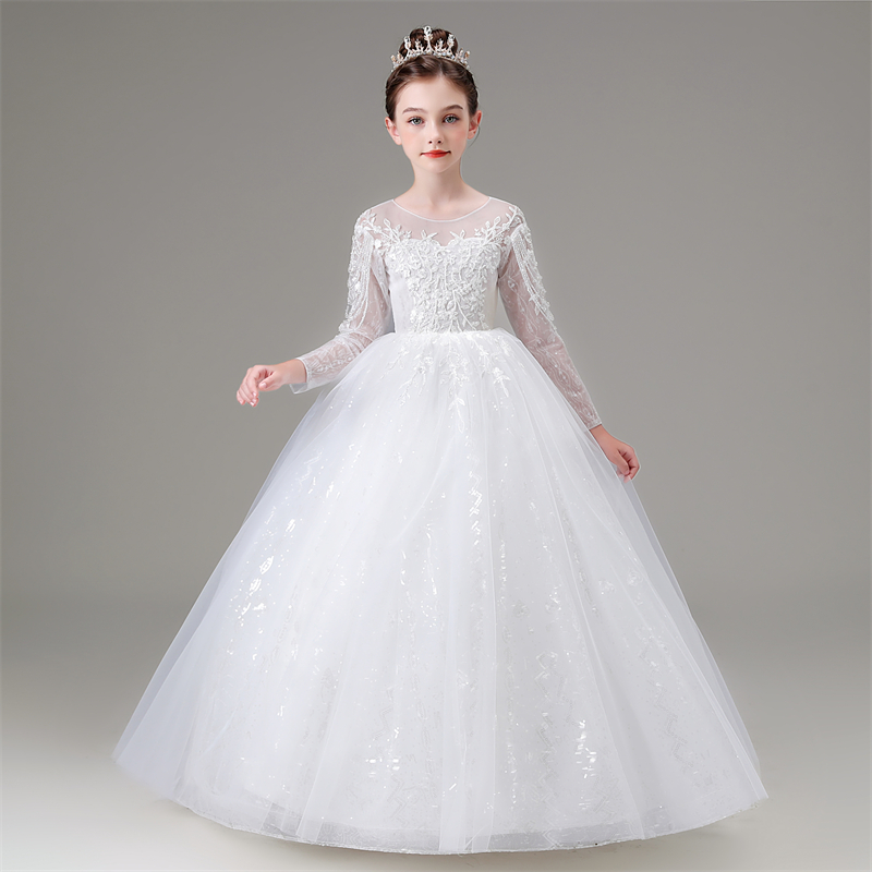 儿童礼服长袖白色生日女童花童公主裙钢琴演出服小主持人服装秋冬