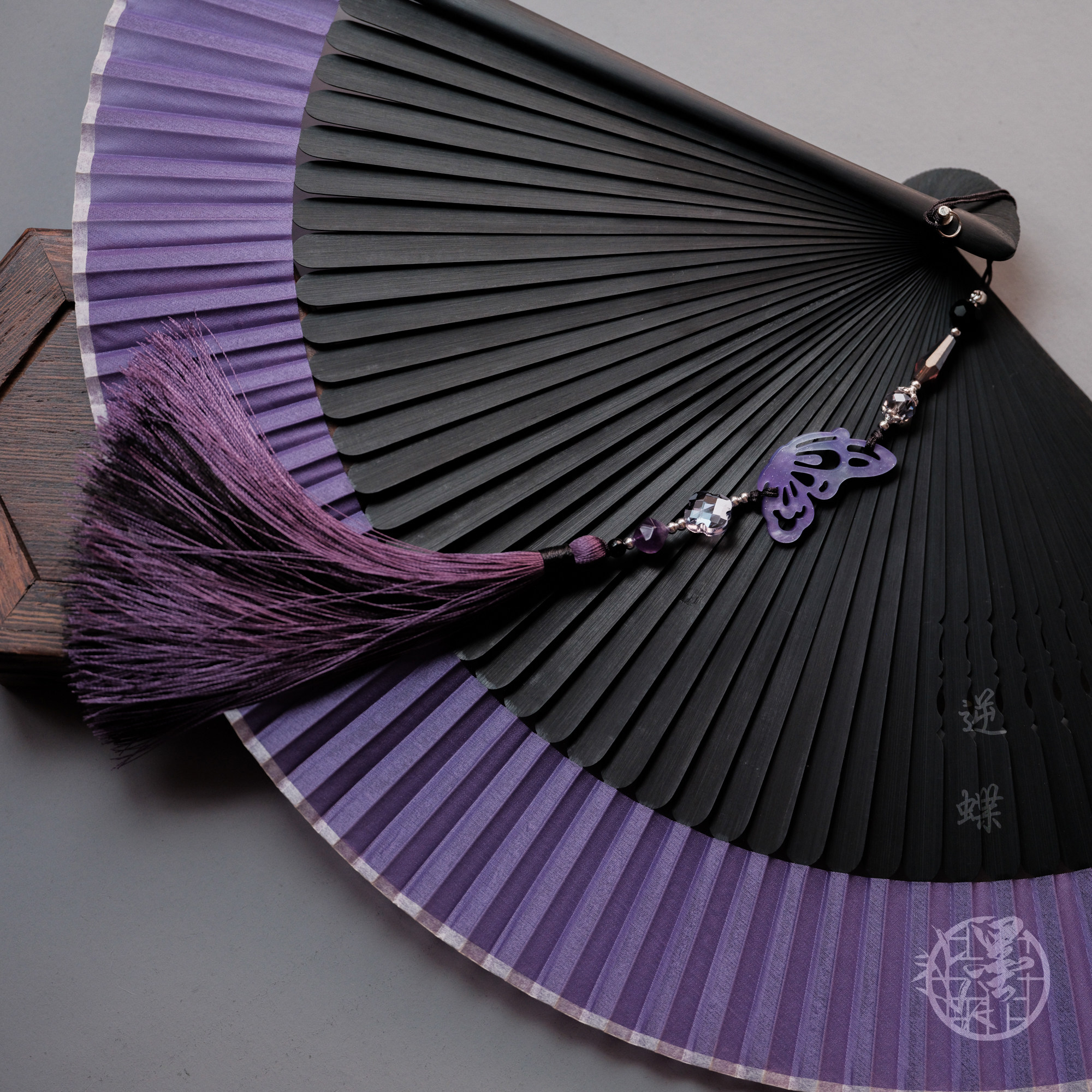 墨雨阁新品「逆蝶」原创古风真丝折扇子紫色冰丝流苏汉服七夕礼物