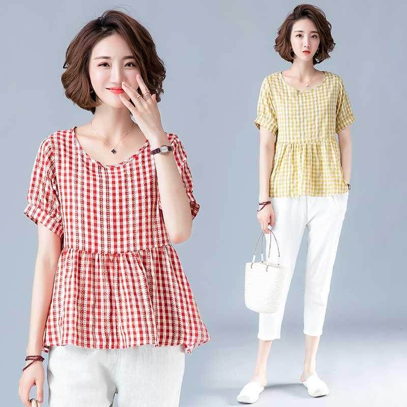 短袖T恤夏新款文艺大码女装宽松遮肚子显瘦印花格子灯笼袖上衣女|msdalam kategori Butik wanita / wanita, baju-T - dari Buy2taobao.com untuk memberikan perkhidmatan ejen Taobao profesional membeli