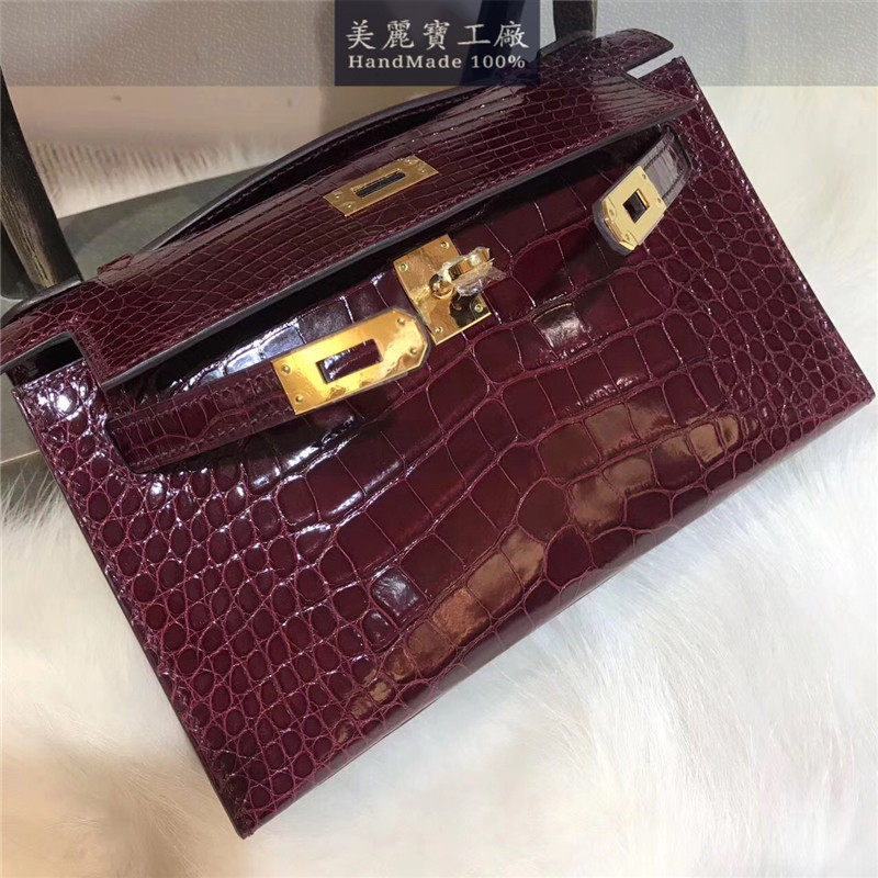 全手工进口真鳄鱼皮mini凯莉丽包一代女手拿包单肩斜挎小包酒红色