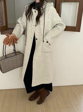 2025秋冬新款双面羊毛大衣女可脱卸帽韩系中长款设计感羊毛呢外套