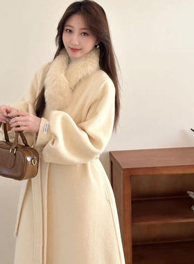 双面羊毛狐狸毛领中长款毛呢外套女冬季千金风高级感大衣毛呢大衣