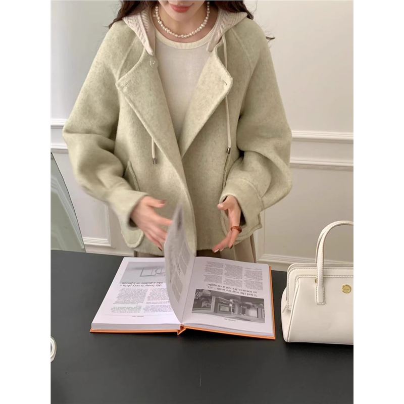 秋冬新款韩系双面羊绒大衣女小个子设计感连帽可拆卸毛呢短外套女