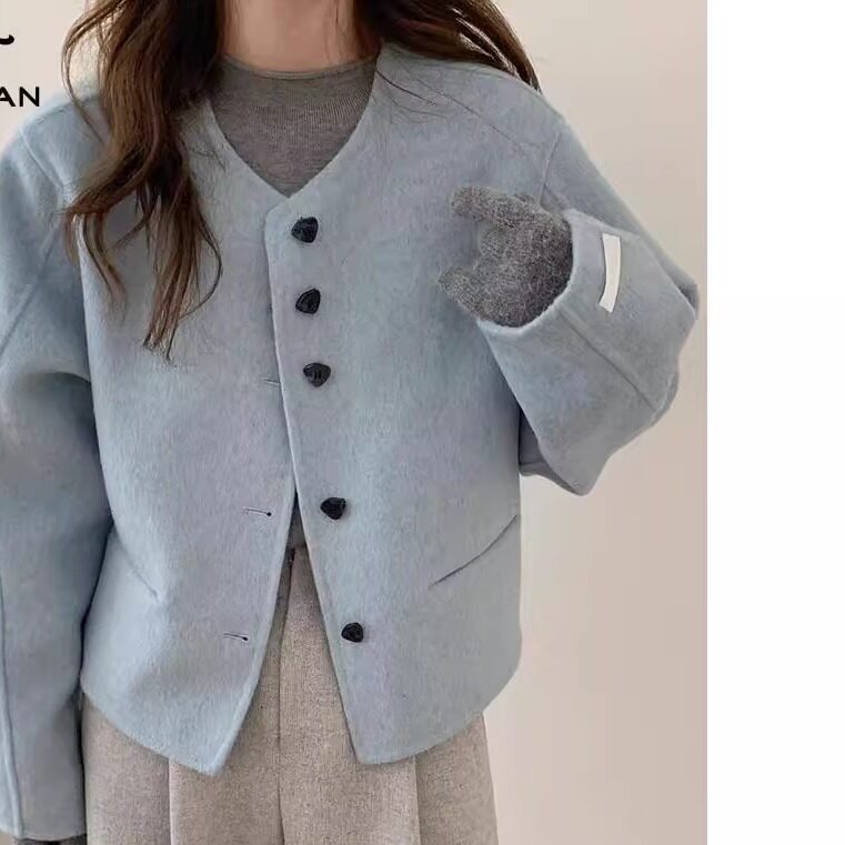2025年春季新款圆领羊毛呢外套女短款小香风宽松双面呢子大衣韩版
