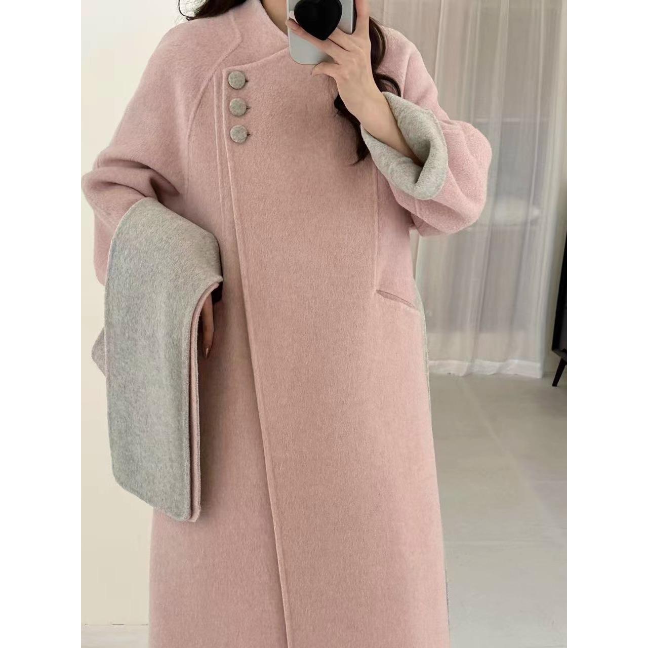 秋冬新款双面拼色羊绒大衣女中长款立领宽松显瘦羊毛呢外套女韩版