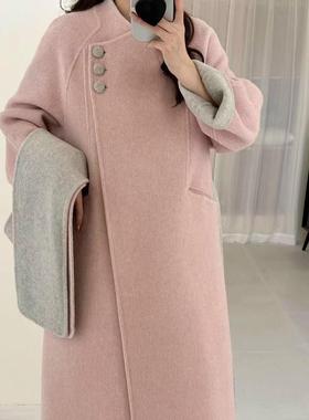 秋冬新款双面拼色羊绒大衣女中长款立领宽松显瘦羊毛呢外套女韩版