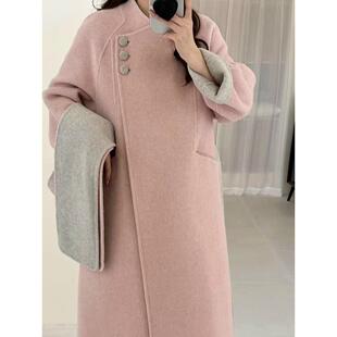 秋冬新款双面拼色羊绒大衣女中长款立领宽松显瘦羊毛呢外套女韩版