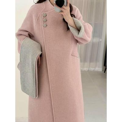 双面拼色羊绒大衣女中长款