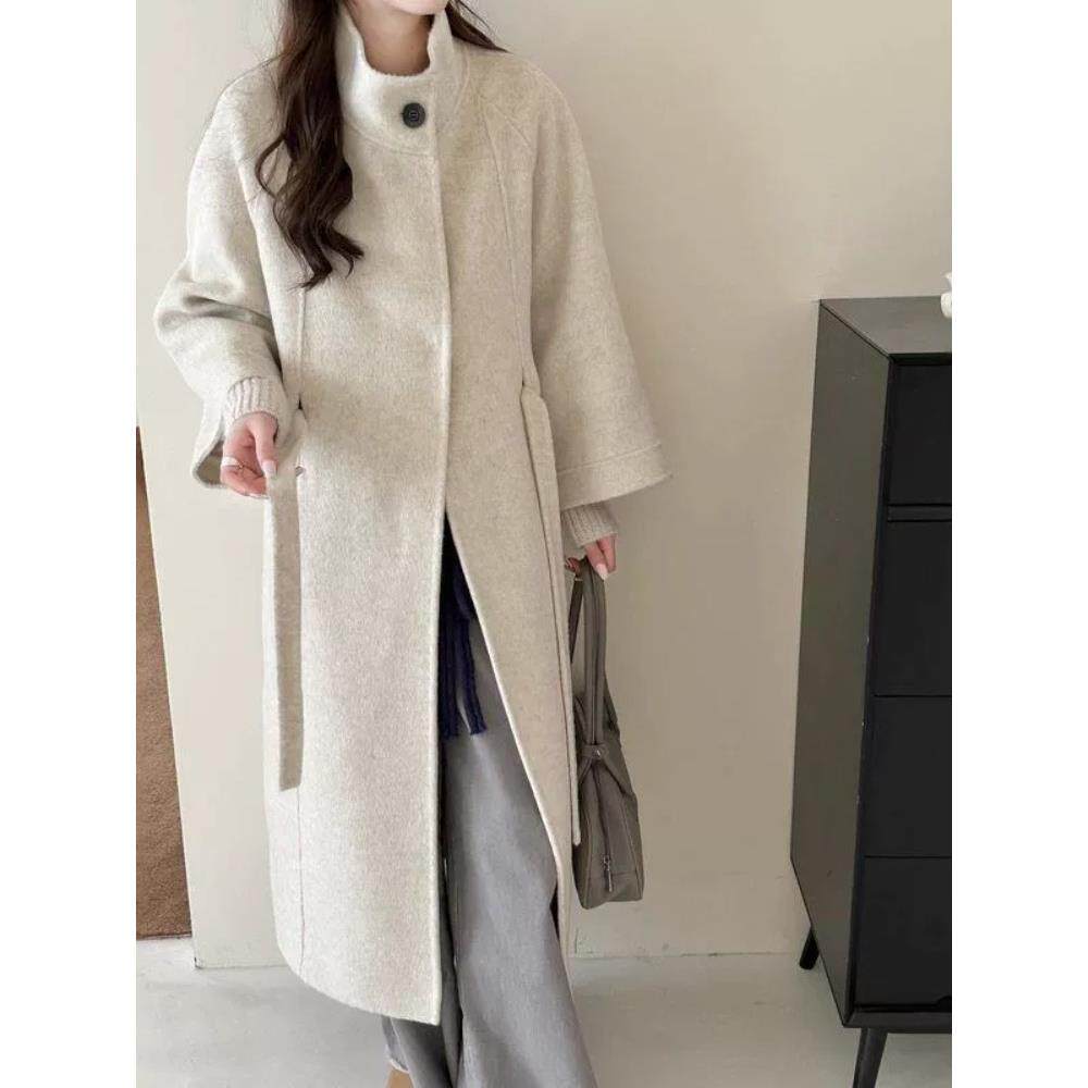 立领双面羊绒大衣女中长款2025秋冬新款韩版宽松加厚系带羊毛外套