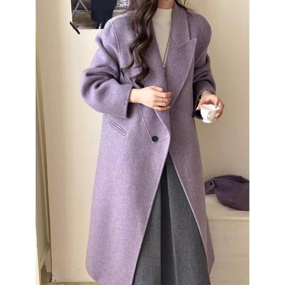紫色双面羊绒大衣女中长款2025秋冬新款韩版宽松显瘦羊毛呢子外套