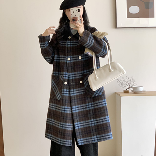 2025秋冬新款宽松复古格纹双面羊绒大衣女韩系中长款羊毛毛呢外套