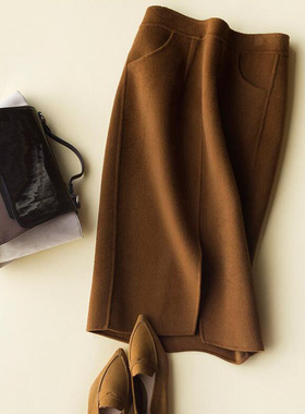 新款双面毛呢裙子女秋冬半身裙包臀过膝大码中长款羊毛裙非羊绒厚