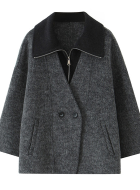 2025秋款气质拉炼假两件翻领中长款毛呢大衣外套女双面羊绒大衣