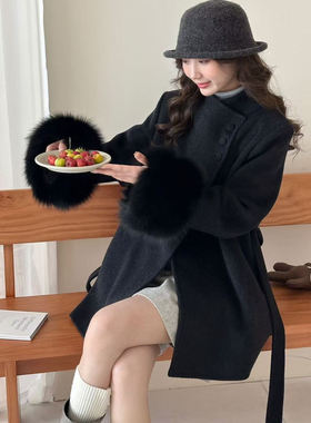 千金风黑色毛呢外套女中长款狐狸毛领系带羊毛大衣高级感双面羊毛