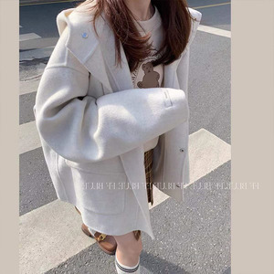 连帽呢子外套女秋冬韩版学院风减龄百搭外穿气质双面羊绒羊毛大衣