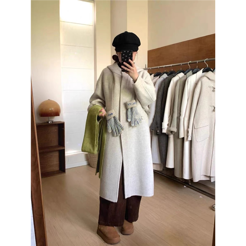 连帽双面羊毛绒大衣女中长款2025秋冬韩版学院风羊毛减龄休闲外套