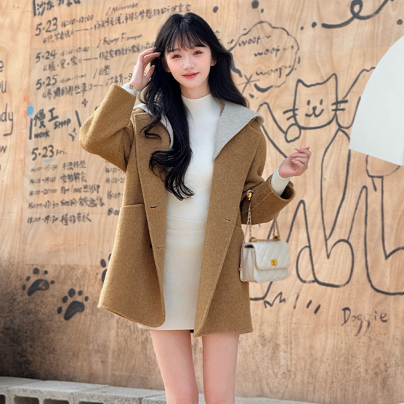 双面羊毛连帽可拆卸外套女新款秋冬羊毛大衣双面羊绒大衣毛呢外套