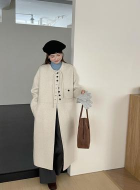 25年秋冬韩系复古慵懒风宽松小众设计保暖韩系双面羊毛呢大衣系带