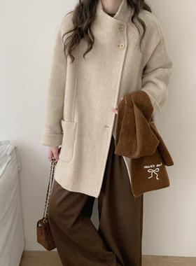 韩国东大门2025秋冬新款双面羊绒大衣女中长款立领宽松小个子外套