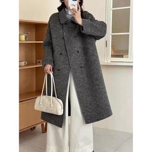 韩系气质翻领双面羊绒大衣女秋冬新款 羊毛呢外套女 宽松显瘦中长款
