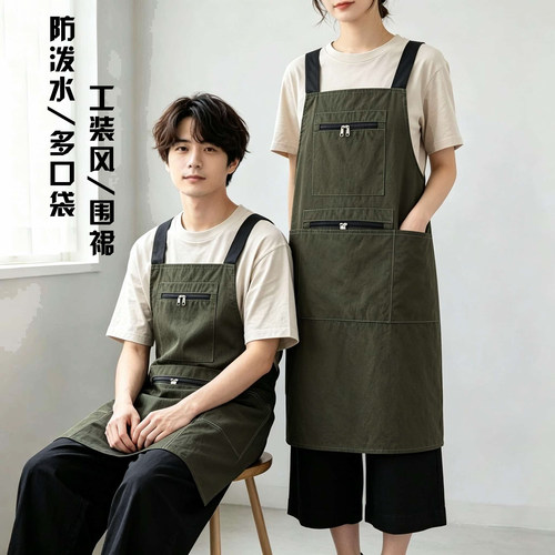新时尚工装风多口袋防泼水背带围裙男女厨房防油污上班工作服定制